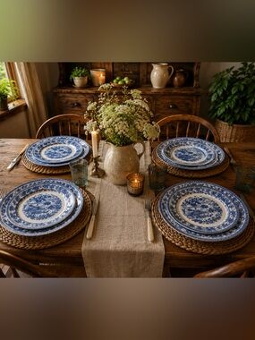 Heritage Blue Floral porcelain China Dinner Set x4